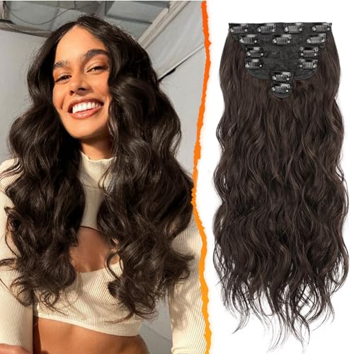 BARSDAR Clip in Haarverlängerung, 50CM Lang Wellig Braun Haarextension Clip in 6PCs Voller Kopf Dickes Synthetisches Clip in Extensions Haarteil Für Damen (Dunkel Braun)