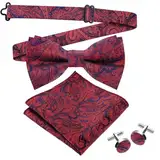 Lusofie Fliege und Einstecktuch Set Manschettenknöpfe fur Herren Fliege Paisley Rot Krawatte Einstecktuch Seide Jacquard Einstecktuch Bow Tie Manschettenknöpfe Set Männer Silvester Fliege