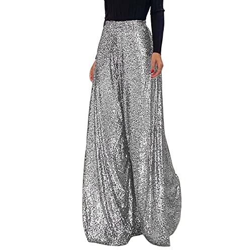 Duohropke Glitzer Hose Damen Wide Leg High Waist Hose mit Pailletten 70er Elegante Schlaghose Stretch Hosen für Club Party Fest Tanzen