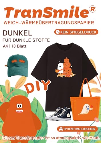 TRANSMILE 10 Blatt,A4 Inkjet Transferpapier Bügelfolie für dunkle T-Shirts, bedruckbares Transfer-Vinyl zum Aufbügeln für Tintenstrahldrucker (DTM-3-1.0)