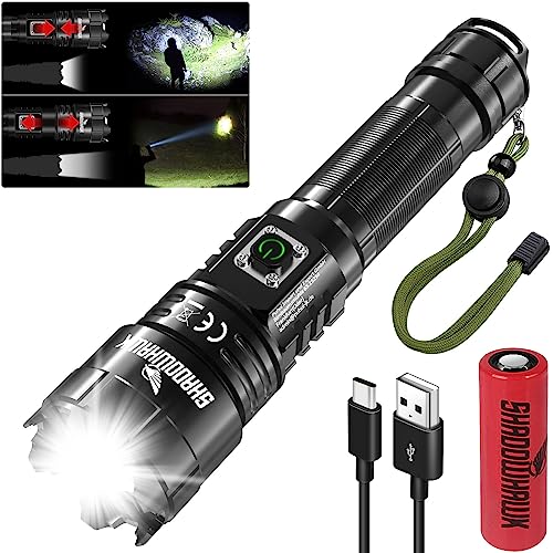 Shadowhawk LED Taschenlampe Aufladbar, Extrem Hell 30000 Lumen Taschenlampen Batteriebetrieben USB, XHP70.2 Taktische Taschenlampe, IP67 Wasserdicht 5 Lichtmodi Zoombar für Camping Wandern Notfälle