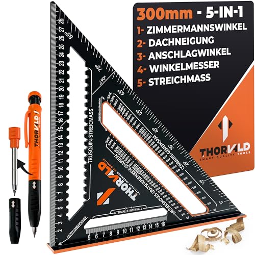 THORVALD Zimmermannswinkel 5-in-1 300 mm – Aluminium-Anschlagwinkel mit Tieflochmarker, Lineal, Winkelmesser, Streichmaß & Dachneigungs-Schablone für präzises Anreißen im Holzbau