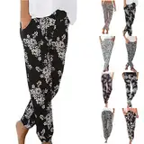 Musselin Hose Damen Blumendruck Freizeithose Boho Strandhose Straight Bein Hosen Loose Haremshose Casual Bequeme Stoffhose Frauen Yogahose High Waist Angebote des Tages Heute