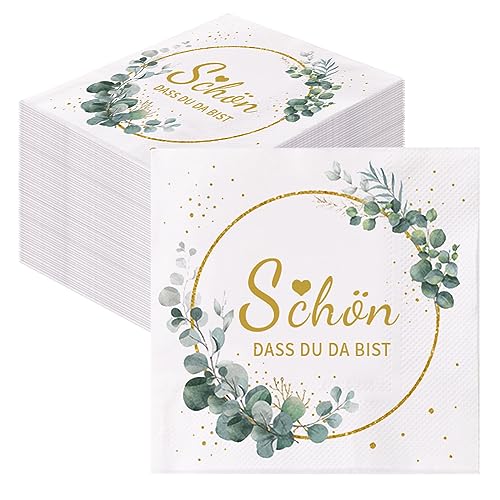 GROVBLE 80 Stück Servietten Schön Dass Du Da Bist,Servietten Hochzeit Geburtstag Eukalyptus 2-Lagige servietten eukalyptus Servietten Grün Servietten Salbeigrün Taufe Kommunion Tischdeko 33x33cm (bb)