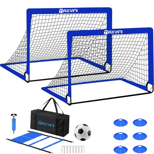 MAXVINI Fussballtore für Garten Kinder, 182x120x120cm Fußballtor mit Glasfaserstangen Indoor/Outdoor Tornetzen Faltbares Pop-Up Set inkl. 6 Hütchen, Fußball, Trainingsleiter, Ballpumpe, Tragetasche
