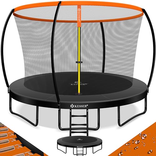 KESSER® Trampolin Ø 366cm | TÜV Rheinland GS Zertifiziert | Gartentrampolin Kindertrampolin bis 150 kg | Komplettset mit Sicherheitsnetz, Leiter, Randabdeckung & Zubehör