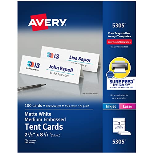 Avery Bedruckbare Zeltkarten mit Sure Feed Technologie, 6,3 x 21,6 cm, weiß mit geprägtem Rand, 100 leere Tischkarten für Laser- oder Tintenstrahldrucker (05305)