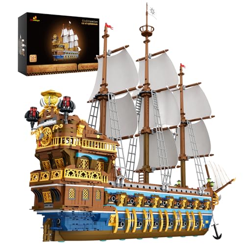 JMBricklayer 40103 Piratenschiff Klemmbausteine, Königliche Sonnenflotte Bausteine Bausatz, Segelschiff Modell Bausteine Sets,Schiffsmodell Sammlung für Erwachsene und Kinder