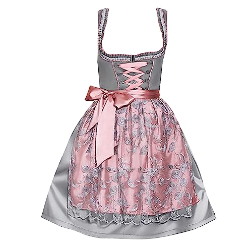 Dirndl Damen Midi Schürze Oktoberfest Costume, Bayerische Faschingsparty 3-teiliges Set blau lang mit Kleid Schürze und Shirt Oktoberfest Damen Outfit Trachtenkleid Damen modern Damen Dirndl rot