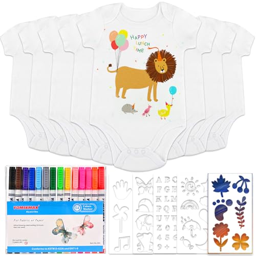 Tigvio 8 Stück Lätzchen zum Bemalen, Baby Body Lätzchen Bemalen Babyparty, Lätzchen Baby mit 8 Kurzarmbody (38*21 cm)+14 Bunte Textilstift+5 Schablonen für Babyparty Spiele Babyshower, Baby Strampler