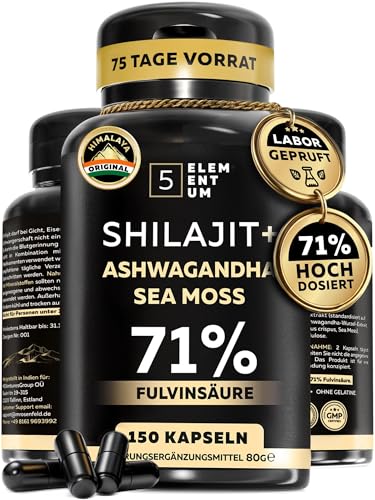 Shilajit Kapseln Hochdosiert mit Himalaya Ashwagandha & Sea Moss – 150 Premium Kapseln mit 71% Fulvinsäure, Eurofins Zertifiziert, 2 Kapseln täglich für Natürliche Energie, Stressabbau & Vitalität
