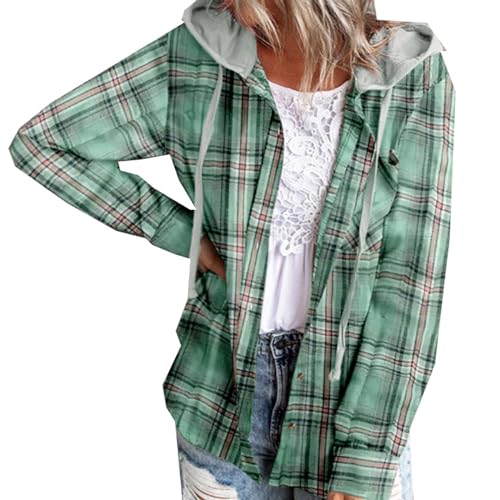 LAZIRO Damen Herbst Und Winter Mit Kapuze Plaid Print Pullover Single-Breasted Casual Long-Sleeved Shirt Jacke