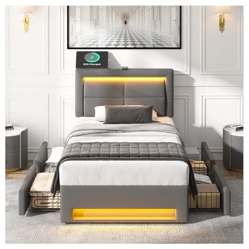 Polsterbett 90x190 cm, Einzelbett mit USB-Anschluss unterstützt kabelloses und kabelgebundenes Laden, Stauraumbett mit LED-Beleuchtung und Vier Schubladen, ohne Matratze, PU, Grau