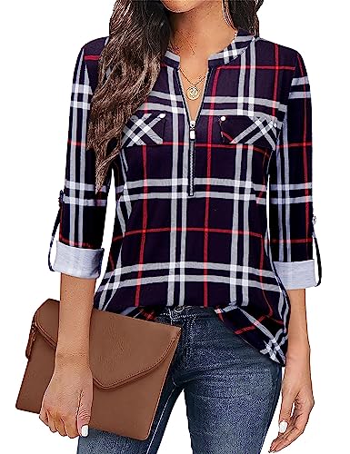 Siddhe Damen Einfarbig V-Ausschnitt Bluse Reißverschluss T-Shirt Oberteile Elegant 3/4 Ärmel Casual Longshirt, Schwarzes Plaid XXXL