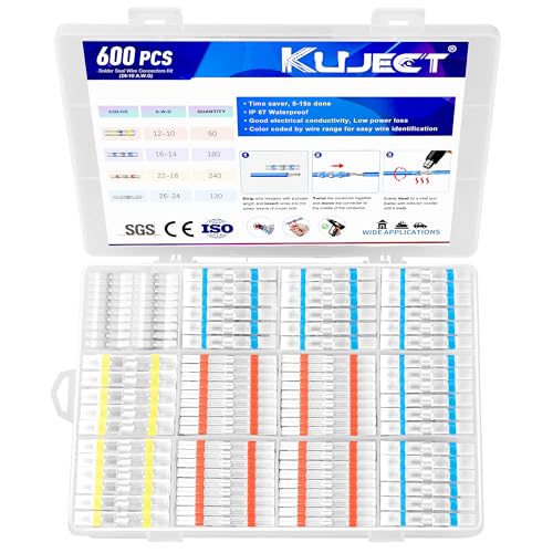 Kuject 600stk Lötverbinder, Kabelverbinder Wasserdicht Schrumpfverbinder Schrumpfschlauch Set Quetschverbinder Stoßverbinder für Automobil, Marine, Boot