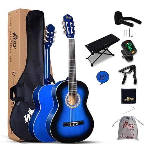 Winzz Konzertgitarre 3/4, Klassische Gitarre Anfänger Set für Kinder Teenager Studenten Anfänger mit Nylon-Saite- Blau Glänzend (36 Zoll)