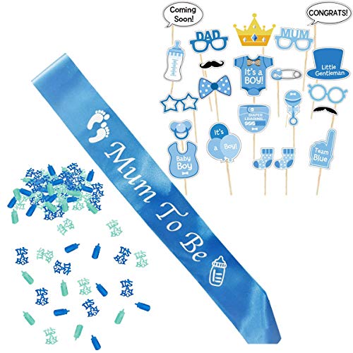 Babyparty Deko Junge, Baby Shower Junge, Baby Party Dekoration fur Babydusche, Neugeborene Fotorequisiten Masken, Mum To Be Blau Schärpe und Konfetti