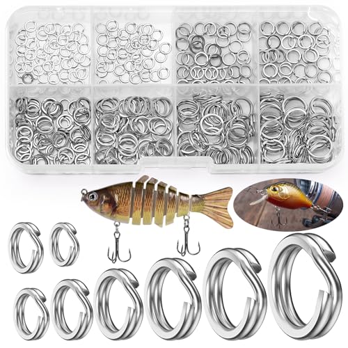 Realure 300 Stück Fishing Sprengring Set, Edelstahl Sprengringe Angeln 8mm 7mm 6mm 5mm 4.5mm 4mm 3.5mm 3mm Sprengring Set, Doppel Kreis Split Ringe, für Angelzubehör Fischen Haken Köder Wirbel Angeln