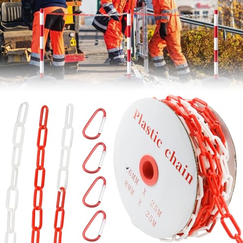 Erzekrim 25 m Absperrkette Rot Weiß Kunststoffkette Warnkette Plastikkette 6 mm Stärke Kunststoff Warnkette Kommt mit 4 Karabinern für Baustelle, Parkplatz, Warteschlangen, Kunststoffkette, rot weiß