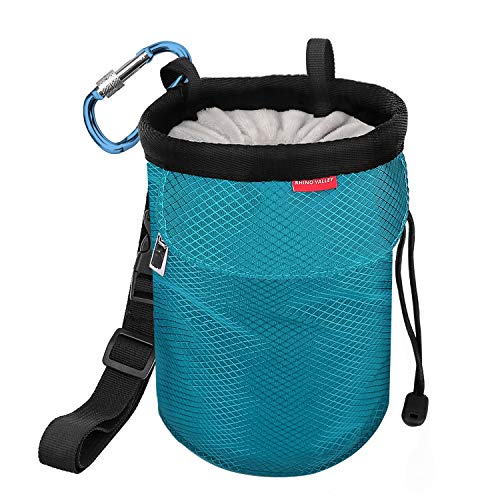 Rhino Valley Magnesiumbeutel, Dicht Chalkbag Kordelzug Magnesiabeutel mit Einstellbar Band, Karabinerclip und Reißverschlusstasche für Klettern, Gymnastik, Cross Fit, Gewichtheben, Hellblau