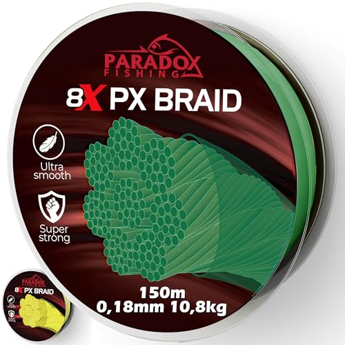 Paradox Fishing 8X PX geflochtene Angelschnur I Tarngrün 150M - 0,18mm - 10,8kg – Angelschnur geflochten- eng geflochten