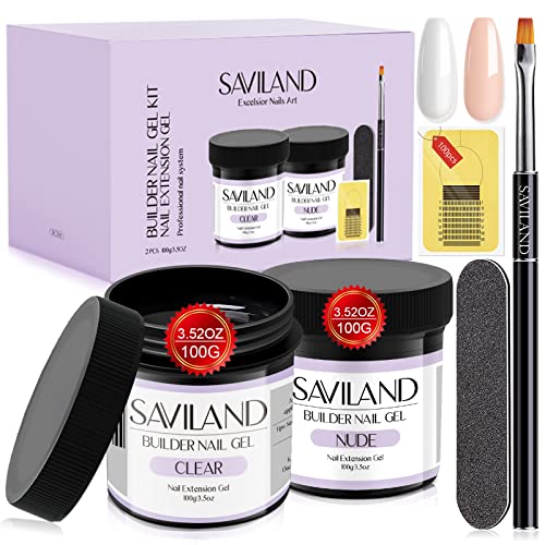 Saviland Aufbaugel Für Gelnägel Set – 2*100g Klares Nudes-Builder Nagelgel, 3.5 Unzen Nagelverlängerungs Gel Nägel Maniküre Set mit 100 Nagelform-Nagelpinsel-Nagelfeile für professionelles Nagelstudio