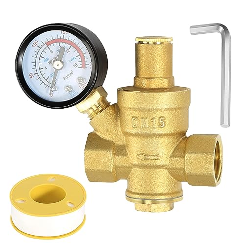 Druckminderer Wasser 1/2 zoll DN15 mit Manometer, Hergestellt aus 100% Hohe Härte Messing, Einstellbar Druckminderer für Wasser überdruckventil Wasser Druckminderer, Wasserdruckminderer Boiler