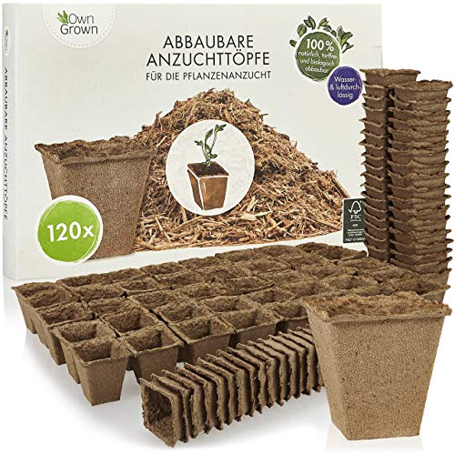 OwnGrown Abbaubare Anzuchttöpfe eckig: 120x Premium Anzucht Topf aus Holzfasern – biologisch abbaubar – Pflanztöpfe zur Pflanzen Anzucht – Torffrei, ohne Pikieren