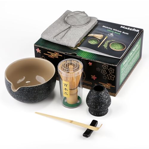 7 Piece Matcha Set, Matcha Broom, Macha Tea Set with Matcha Spoon, Whisk Holder, Matcha Besen, Shovel, Strainer, Matcha Zubehör Traditional Japanese Tea Ceremony Best Gift, Schwarz gesprenkelt