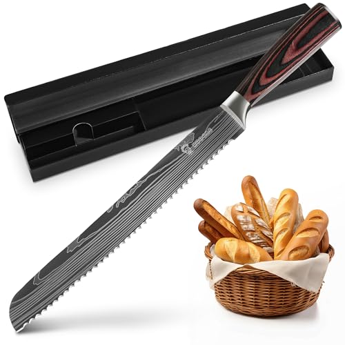 KUOGAS Brotmesser mit Wellenschliff 26 cm aus hochwertigem rostfreiem Edelstahl, extra scharfe Messerklinge mit ergonomischem Pakkaholzgriff