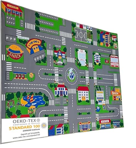 Entrando Spielteppich Straße Stadt für Junge & Mädchen - Oeko-Tex 100 Zertifiziert, antirutsch, abwaschbar 30 Grad, faltbar, strapazierfähig - 100x150 cm. autoteppich Kinder straßenteppich Kinder