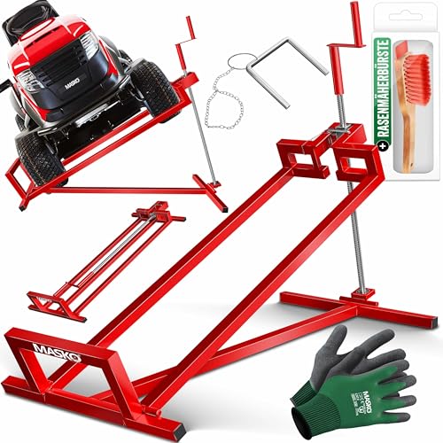 MASKO® XXL Rasentraktorheber 450 kg Hebevorrichtung Hebebühne Aufsitzmäher Reinigungshilfe universal, Rasentraktor-Heber, Rasentraktor +45° Neigung verstellbar inkl. Arbeitshandschuhe & Bürste Rot