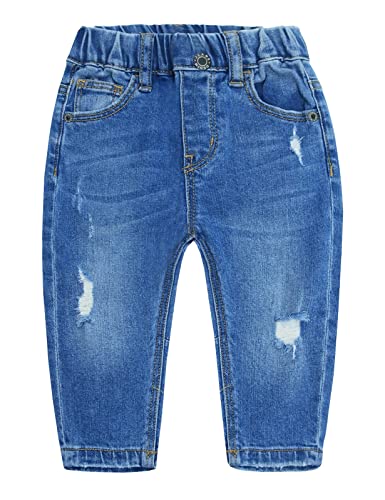 KIDSCOOL SPACE Baby Mädchen Jungen Jeans,Kleines Kind Gummiband Zerrissene Faltendekor Denimhose,Hellblau,2-3 Jahre