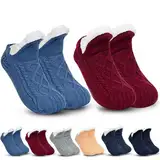 ToatlHeal Gebarun Thermal Socks, Fleece-Lined Thick Warm Slipper Socks, Indoor Non-slip Thermal Warm Soft Fluffy Socks (Red+Blue,Large)