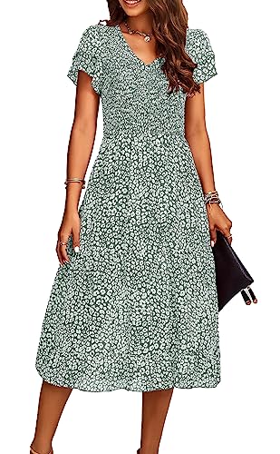 Jiraewh Damen Elegant Sommerkleid Kurzarm Blumen Lange Kleid Chiffon Falten V-Ausschnitt Wickelkleid Hohe Taille Rüschen Maxikleid Partykleider(5071-Hellgrün XL)