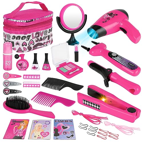 deAO Friseur- und Schminktaschen-Beauty-Set für Mädchen, Styling, Make-up-Accessoires, Spielset, inkl. Flechtmaschine und Haartrockner