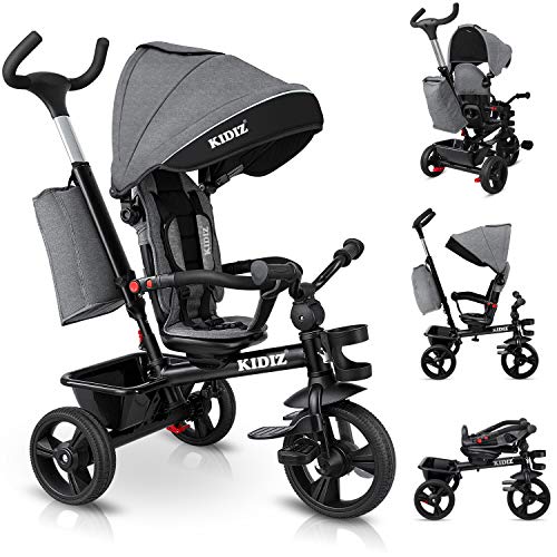 KIDIZ® Dreirad 5in1 Kinderdreirad mit Schubstange Lenksystem Stange ab 1 Jahr vorwärts und Rückwärtsfahrt Jogger, Korb Tasche Getränkehalter Sonnendach Gummiräder, Buggy Fahrrad Baby Klappbar Grau