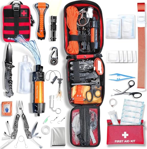 Baytiz ® Survival Kit + Erste Hilfe Set - mit Wasserfilter Strohhalm und Outdoor Ausrüstung - Zubehör Camping Wandern Fahhrad Militär Rucksäcke Verbandskasten Auto Gadget Männer Kinder Armband Tasche