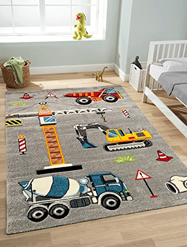 the carpet Monde Kids Kinderteppich, Spielteppich, Weicher Flor, Pflegeleicht, Farbecht, Lebendige Farben, Baustelle, Bagger, Kran, Grau, 120 x 170 cm