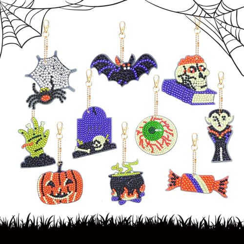 10 Stück 5D Halloween Diamant Malerei Anhänger Set DIY Kürbisse Fledermäuse Gespenster Diamond Art Painting Keychain Full Drill Diamond Painting Schlüsselanhänger mit Kindern, Erwachsenen, Geschenke