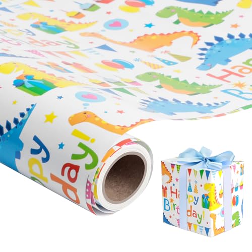 Romon 1 Rollen Dinosaurier Geschenkpapier Rollen,43cm*300cm Geschenkpapier Geburtstag, Tierbaby Packpapier für Mädchen Jungen Frauen Männer - Kinder Geschenkpapier aus Nachhaltigem Papier