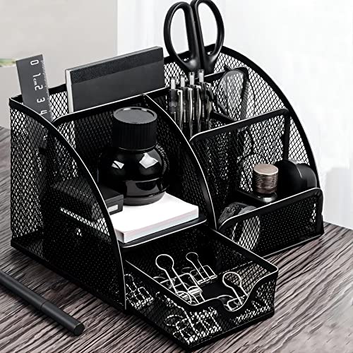 Gigmeta Schreibtisch Organizer, Mesh Metall Büro Organizer, Platzsparendes Desk Organisator mit Schiebeschublade, 6 Sortierfächer für Hefte, Ordner, Tablets, Handys, Stifte