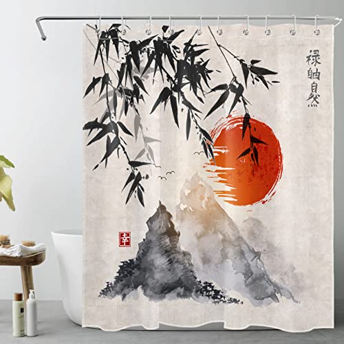 LB Traditionelles Japanisch Tinte Duschvorhänge mit Haken, 150 x 180 cm Bambus Bäume Sun Berge Bad Vorhang, wasserabweisend Anti-Mehltau waschbar Polyester Stoff Badezimmer Dekor