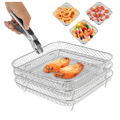 Pastoralist Air Fryer Rack, 20x20 cm 3 Schichten Stapelbarer Dehydratorregal mit Zange, Edelstahlluft Freneuung Speckrost, Luftbraten-Zubehör für 5,8-8 QT Air Fryer-Ofen