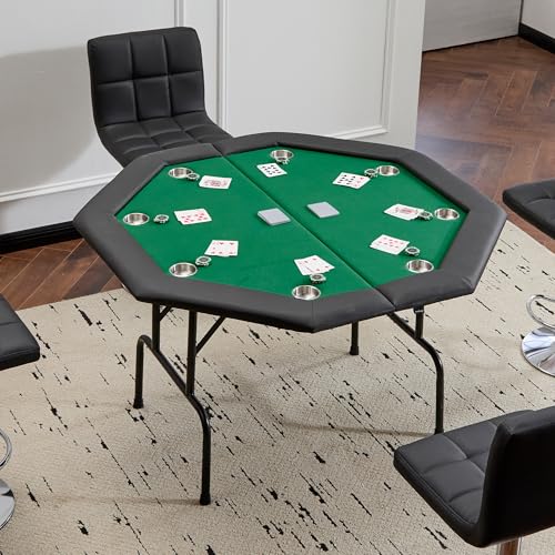 Mingone Achteckig Pokertisch Klappbar für bis zu 8 Spieler Poker Table, Getränkehalter aus Edelstahl Spieltisch, Blackjack, Roulette Tisch, Deko Casino Pokermit 120x120 cm, gepolsterte Armauflage Grün