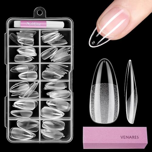 Nagel Tips Set, Venares 120 Stück Tips für Gelnägel 12 Größen Tips Nägel Mandelform Kurz, Nägel Tips Set mit Kleber Nägel Puffer Block, Künstliche Nägel Kurz Klar