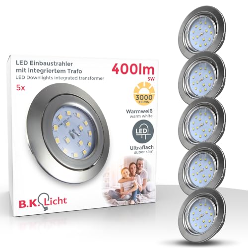 B.K.Licht - 5er Set LED Einbaustrahler 230V schwenkbar, warmweiße Lichtfarbe, Lochmass 68mm, LED Spot, flach, Deckenspots, LED Spots, Einbauleuchten, Einbauspots LED, 86x26 mm, Matt-Nickel