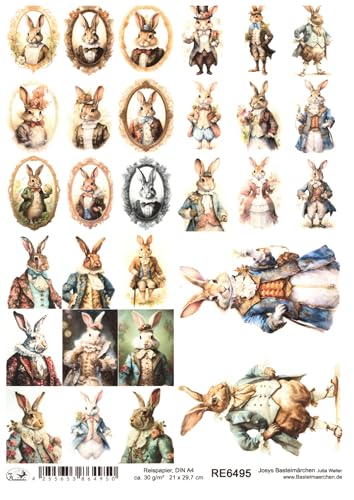 Josys Bastelmärchen Reispapier A4 Strohseide Decoupage Ostern Hase in Vintage Anzug RE6495