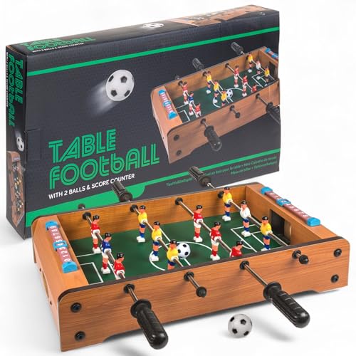 MIJOMA Tischfußballspiel aus Holz – Mini-Kicker für Kinder & Erwachsene, mit 2 Bällen & Torzähler – Tischspiel für Zuhause, Büro & Freizeit (51 x 31 cm)