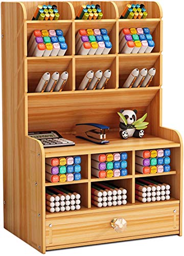 Hölzerner Schreibtischorganisator Multifunktionale Desktop Schreibwaren Stifthalterbox für das Home Office School Supply-Lagerregal mit Schublade (Kirsche-b16)